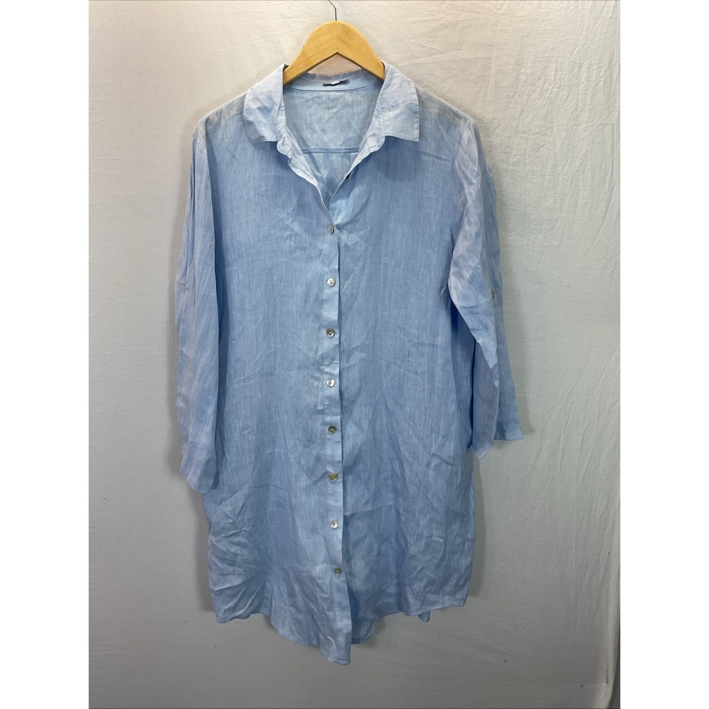 Puro Lino 100% Linen Mini Dress Minimalist Blue S Boho Resort Roll Tab Pockets